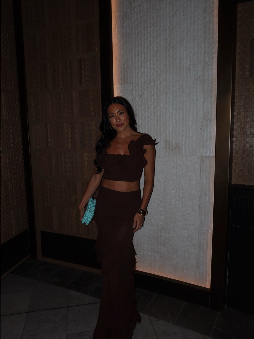 PLT Women's Chocolate Brown Ruffled Maxi Skirt SET